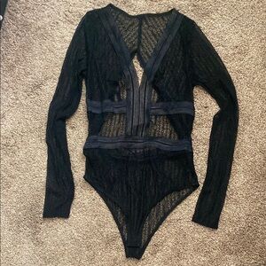 Lingerie | Sexy Black Lace Sheer Long Sleeve Bodysuit